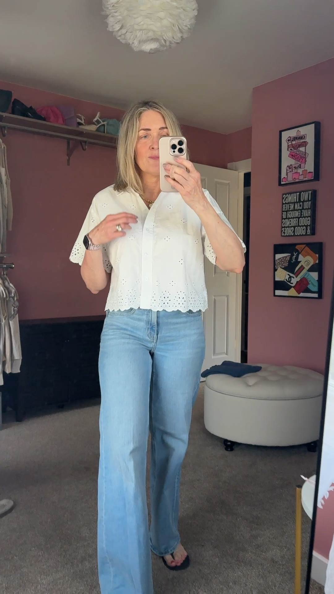 Fall transition outfit. Free Assembly eyelet blouse size small. @Quince denim size 25. Sandals on sale @Kohl's 

Casual outfits, outfits with jeans, fashion over 40, style over 50, mom looks, summer trends, eyelet tops

#LTKootd #LTKOver40 #LTKSeasonal