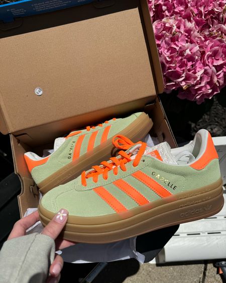 Found them fully stocked for $99 🙌🏼🤭 literally love the bright colors for summer! With a tan 🤌🏼🤌🏼 I did a UK 5 and it’s a US 6.5 for women’s! 

Adidas gazelle, bright sneakers, sneaker addict, bright colored shoes, brights for summer, summer colors 

#LTKfindsunder100 #LTKSeasonal