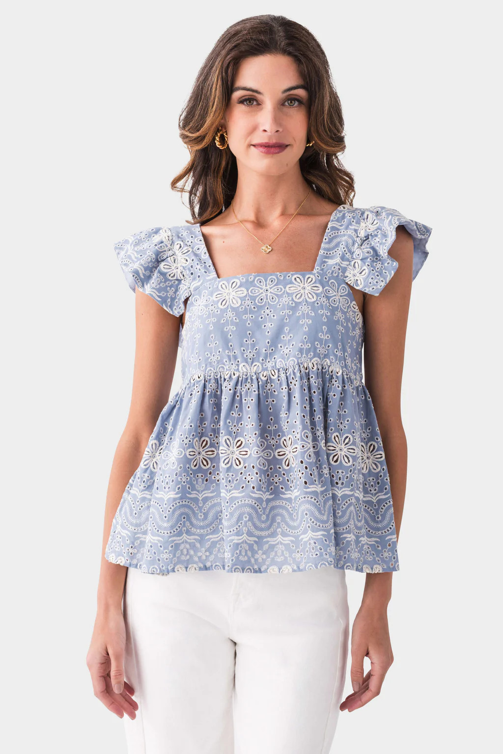 THML Flutter Sleeve Eyelet Embroidered Top | Social Threads
