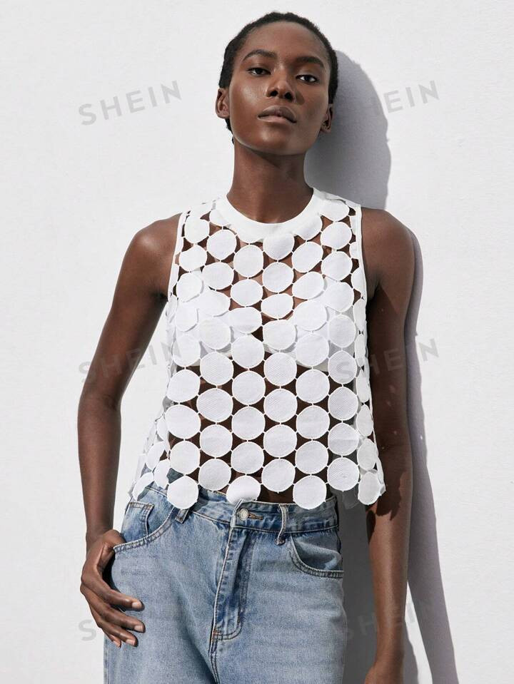 SHEIN Maija White Water-Soluble Embroidery Comfortable Breathable Round Neck Solid Color Asymmetr... | SHEIN