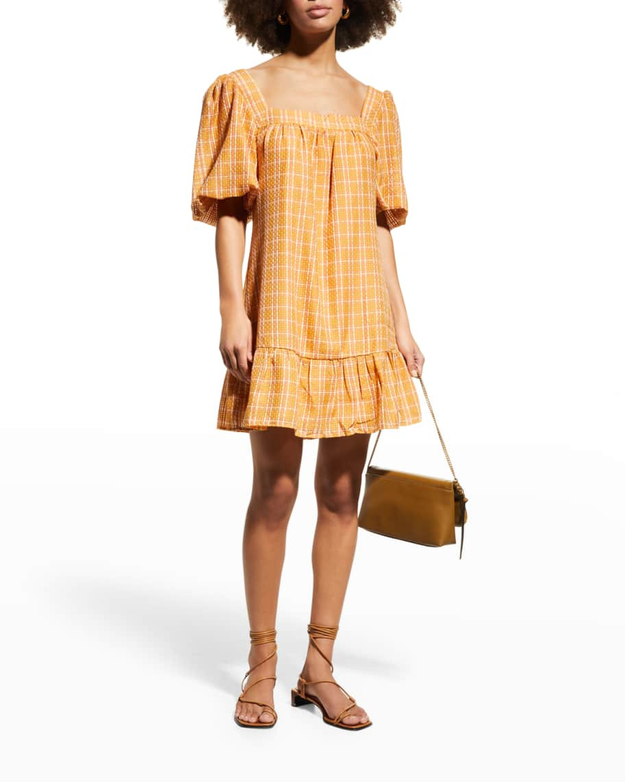 Marie Oliver Kaylee Puff-Sleeve Plaid Shift Dress | Neiman Marcus