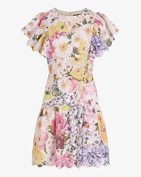 Floral Eyelet Flutter Sleeve Mini Fit And Flare Dress | Express