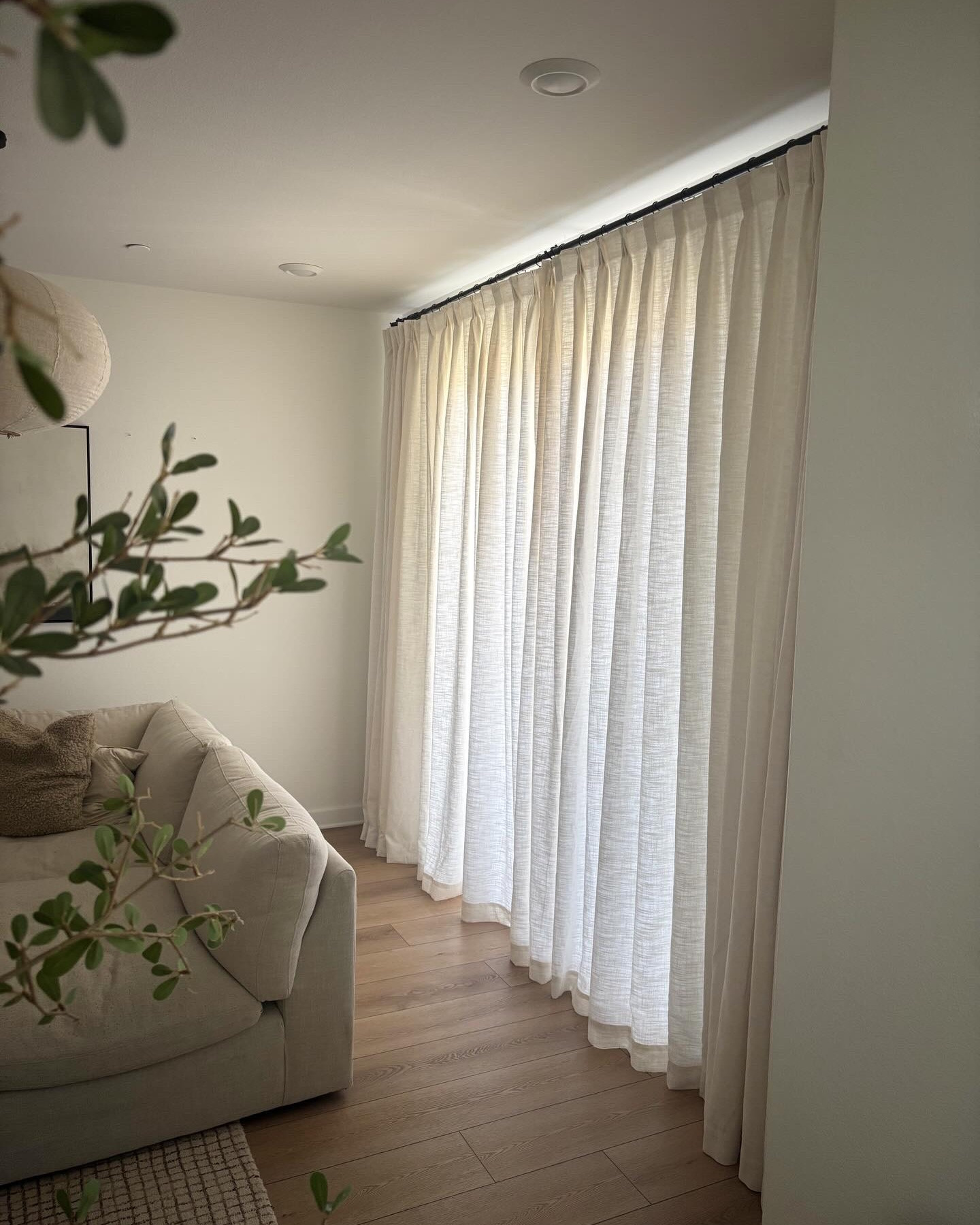 a moment for my new living room curtains that perfectly kiss the floor ✨

Curtain details:

* color: ivory white 
* header style: triple tailor pleat
* panel width: 105”
* panel length: 103” (perfect floor-length for our home)
* liner: privacy shading 
* trim border: none

🤍 save this for your next curtain upgrade 
🤍 follow @neutralsbydanee for more real-life home upgrades/fixed + home inspo 

🏷️ curtains, living room curtains, beautiful curtains, renter friendly homes and ideas, renter friendly hacks, renter friendly decor, small homes, small home decor #neutralcurtains #neutralcurtains