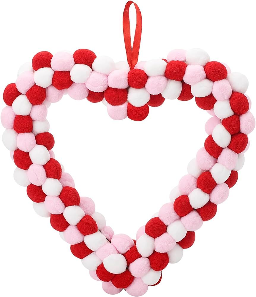 Noverlife Valentine's Day Felt Pom Pom Wreath, 13 Inch Valentine Heart Wreath for Front Door, Col... | Amazon (US)