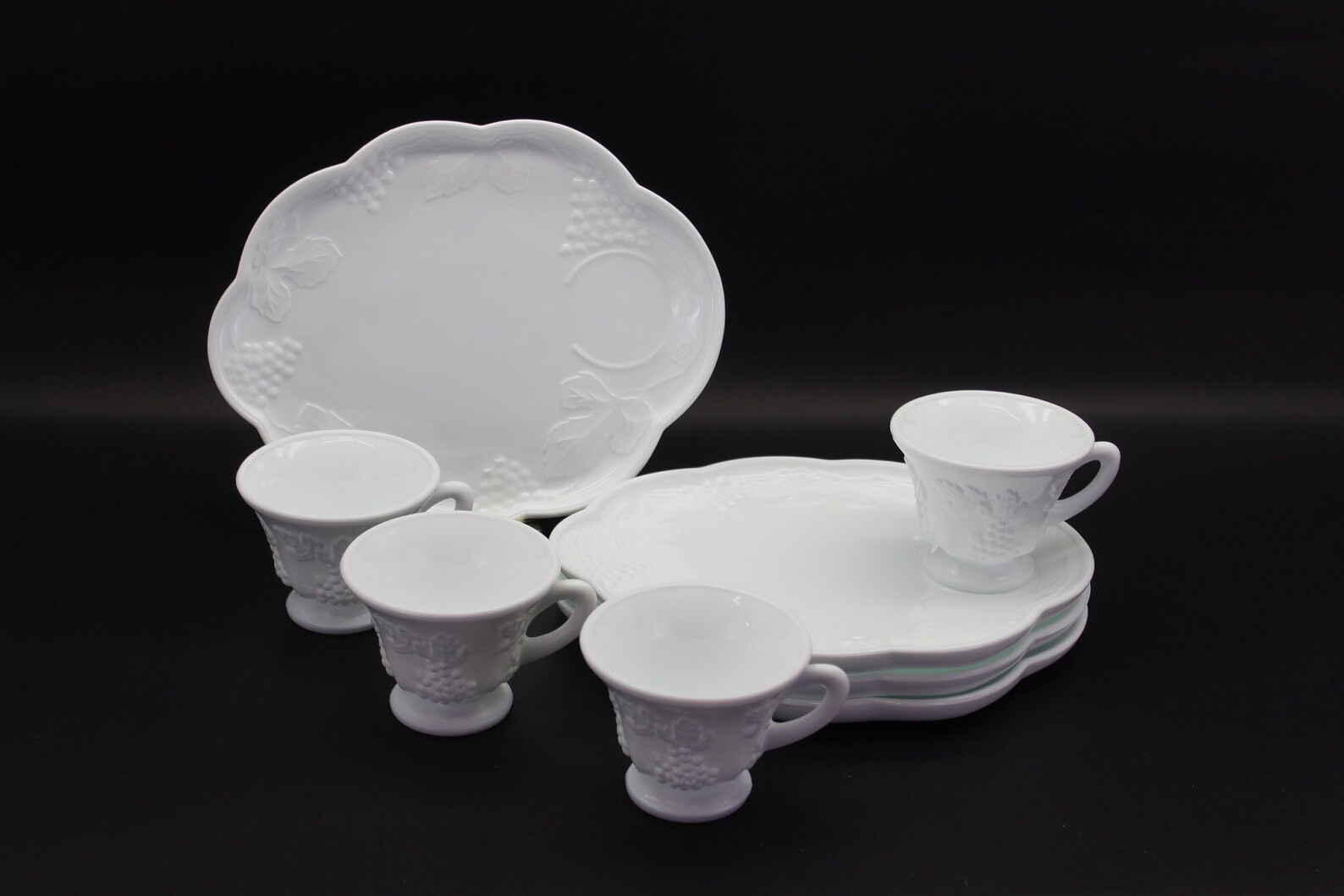 Vintage Lot of (4) Indiana Colony Grape Harvest White Milk Glass Snack Sets / Sandwich Plates & P... | Etsy (US)