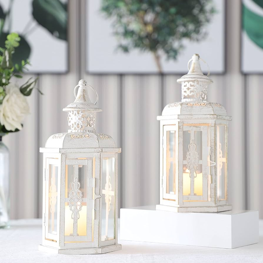 JHY DESIGN Set of 2 Decorative Lanterns -10inch High Vintage Style Hanging Lantern Metal Candleho... | Amazon (US)