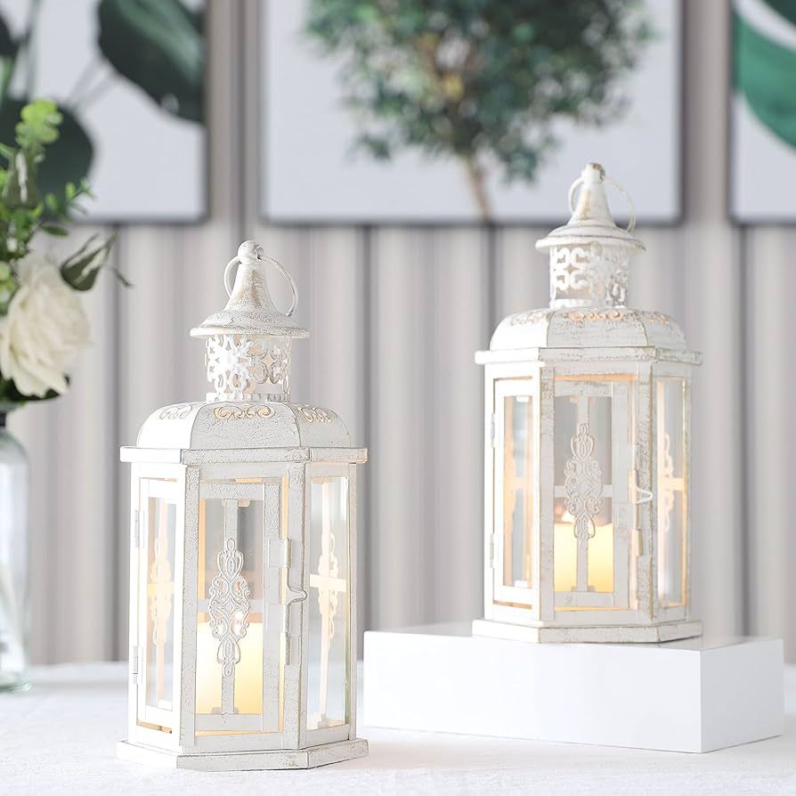 JHY DESIGN Set of 2 Decorative Lanterns -10inch High Vintage Style Hanging Lantern Metal Candleho... | Amazon (US)