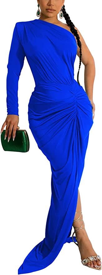 Women's Sexy One Shoulder Maxi Dress Ruched Bodycon Long Sleeve Split Formal Cocktail Party Guest... | Amazon (US)