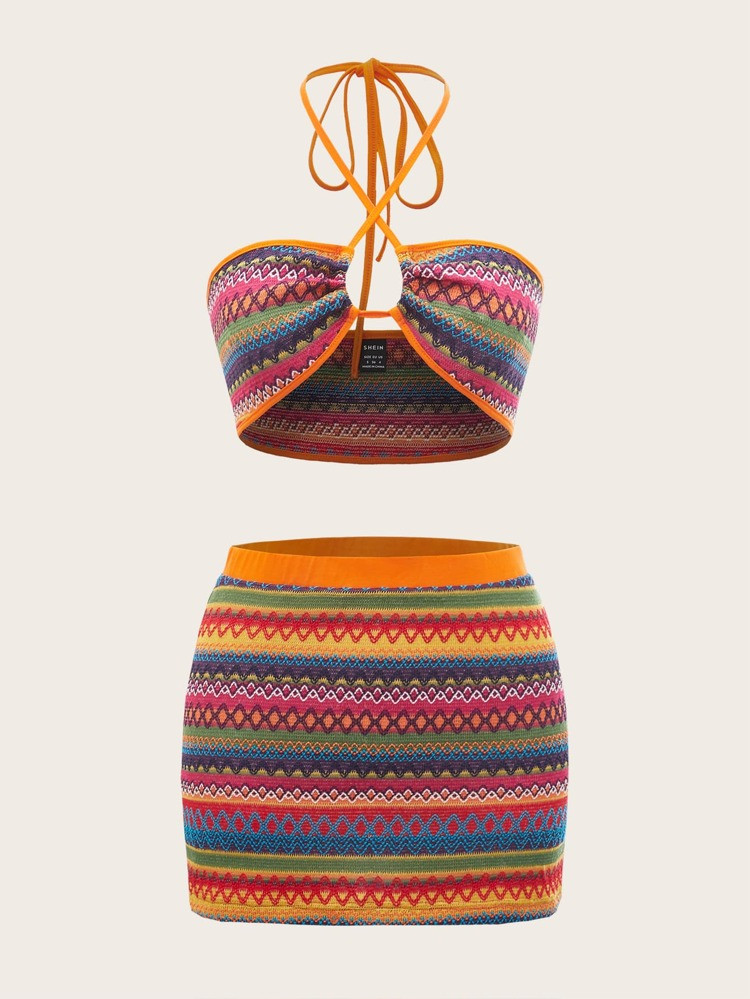 SHEIN ICON Geo Print Contrast Binding Tie Backless Crop Halter Top & Skirt | SHEIN