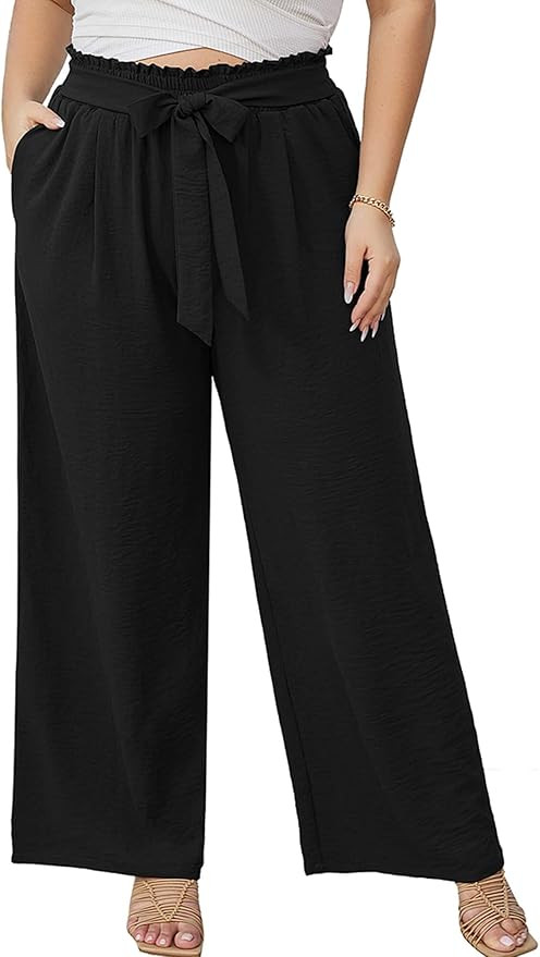 AusLook Women's Plus Size Wide Leg Lounge Pants with Pockets High Waisted Palazzo Adjustable Tie ... | Amazon (US)