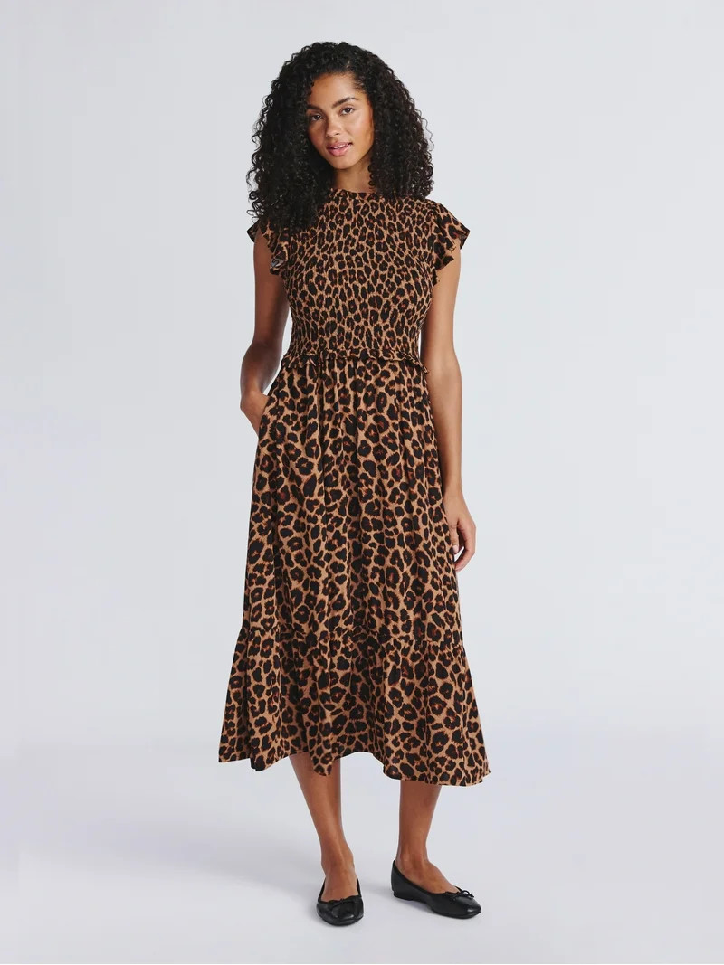 Time and Tru Women's Smocked Bodice Midi Woven Dress, Sizes XS-XXXL | Walmart (US)