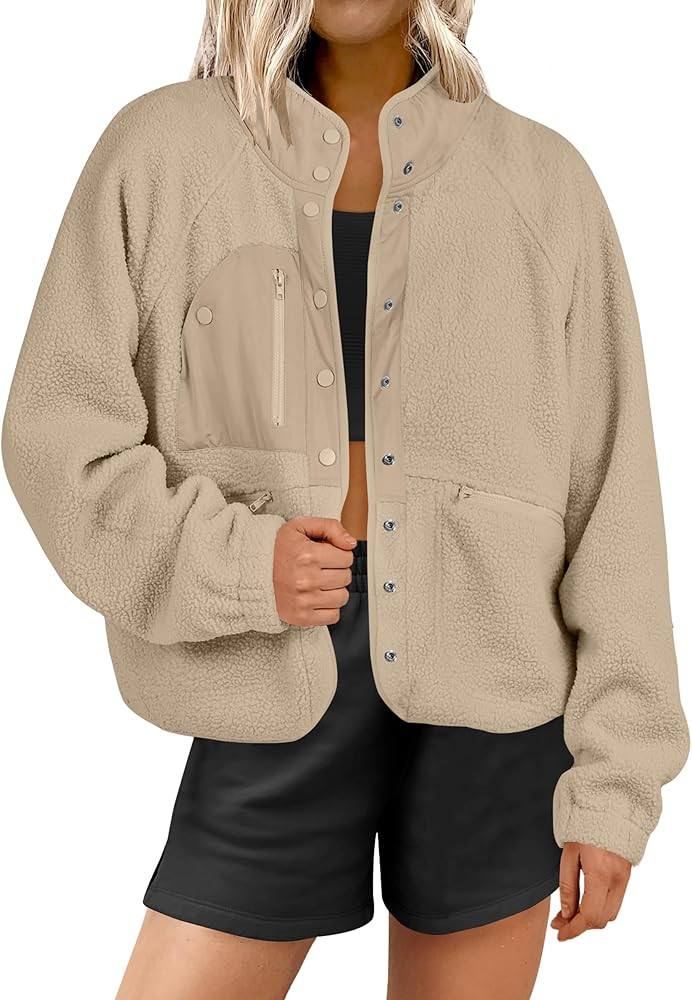ANRABESS Womens Fuzzy Fleece Jacket Fall Casual Long Sleeve Cropped Sherpa Button Down Shacket Co... | Amazon (US)
