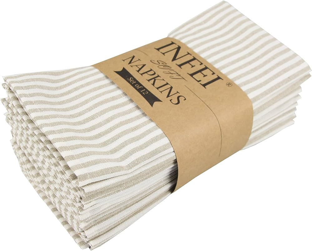 INFEI Plain Striped Cotton Linen Blended Dinner Cloth Napkins - Set of 12 (40 x 30 cm) - for Even... | Amazon (UK)