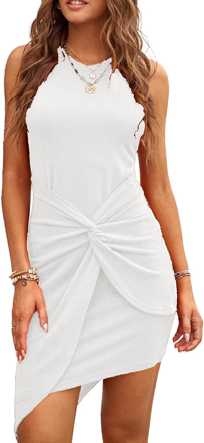 Jayscreate Women's Summer Tank Dress Casual Front Twist Tunic Asymmetrical Hem Knot Pencil Bodyco... | Amazon (US)