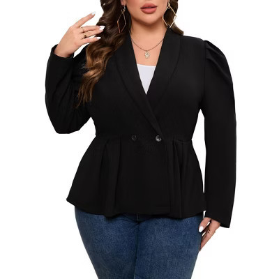 Coolmee Womens Plus Size Blazers Casual Business Knit Blazer for Work Long Puff Sleeve Lapel Blazer Suit Jackets 2XL Black | Target