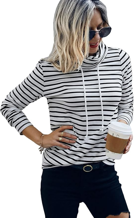 Cozyease Women's Striped Turtleneck Tee Shirts Casual Long Sleeve Drawstring Sweatshirts Tops | Amazon (US)