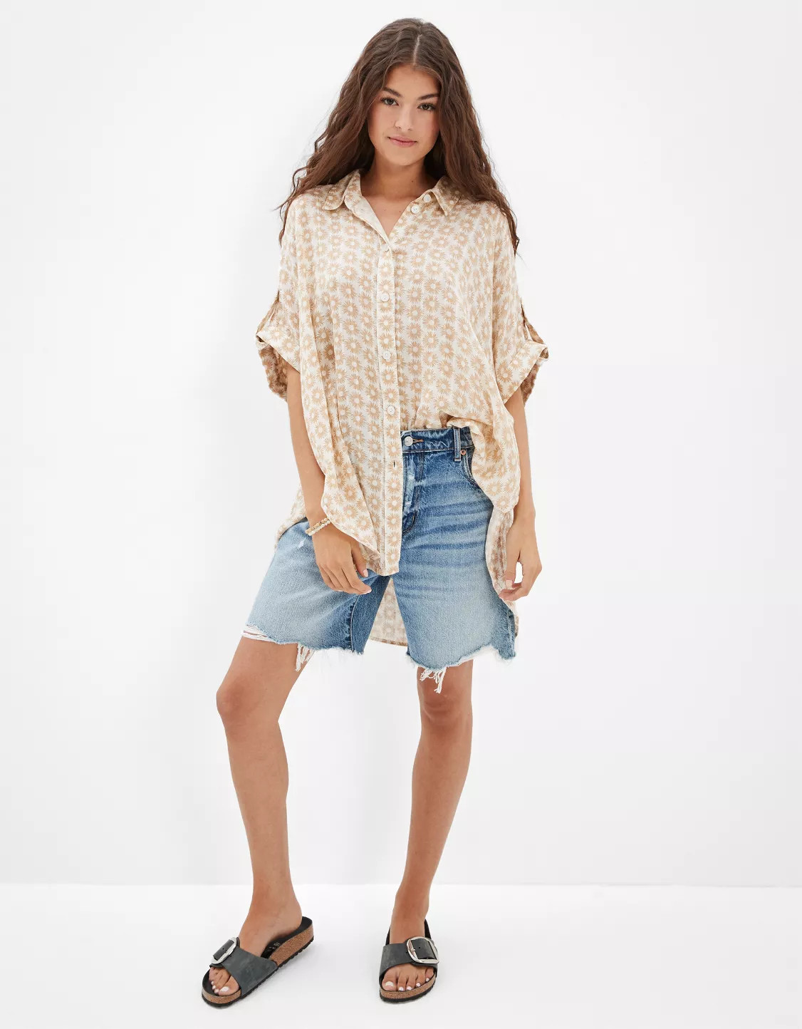 AE Oversized Short-Sleeve Button-Up Beach Shirt | American Eagle Outfitters (US & CA)