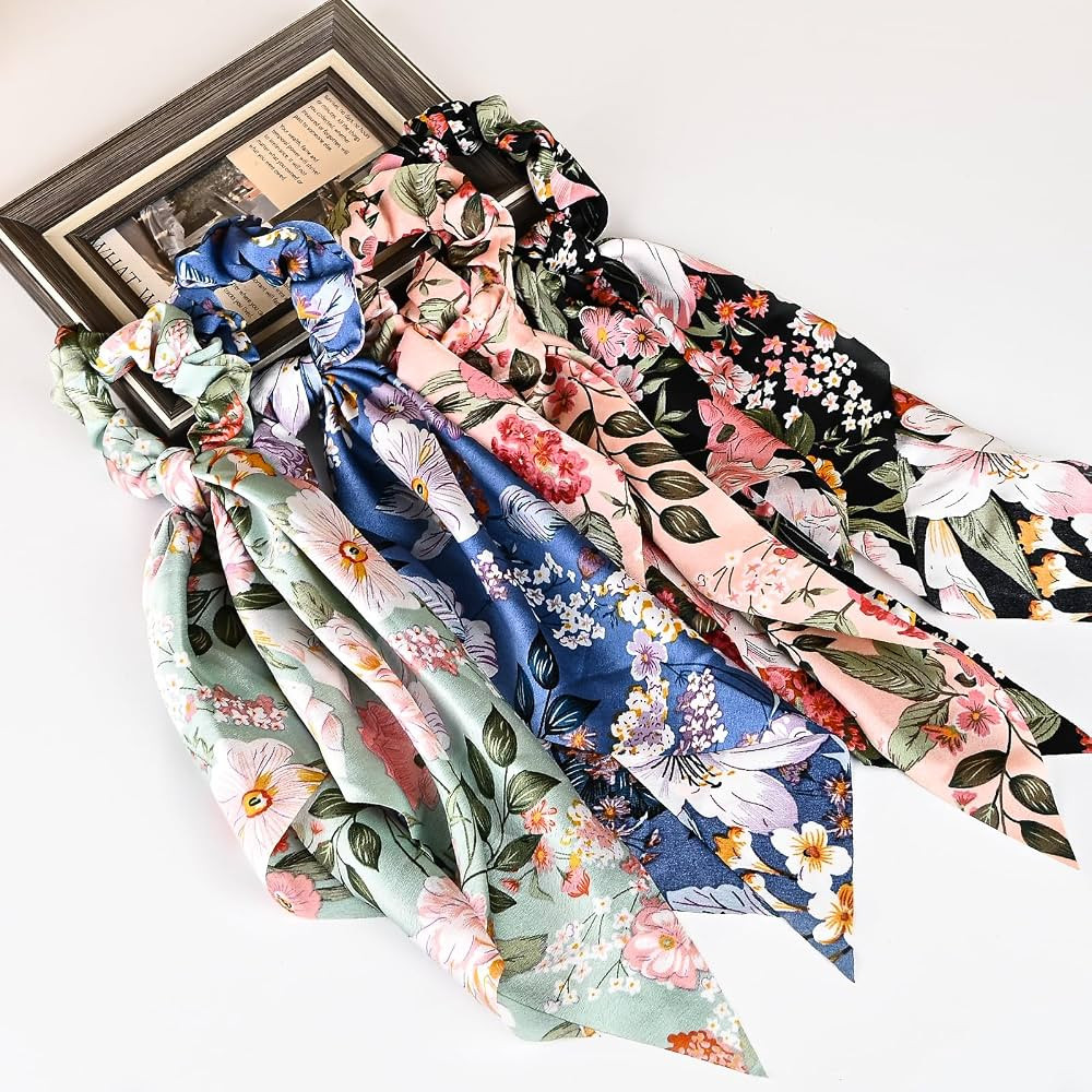 4-Piece Satin Hair Scarf Scrunchies for Women Girls, No Damage Cute Hair Ties with Bow Ribbons Po... | Amazon (US)
