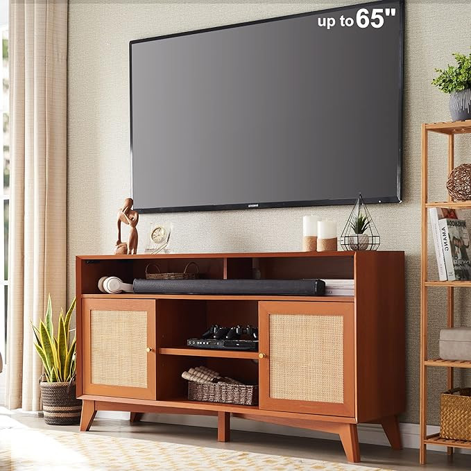OKD TV Stand for 65+ Inch TV, 32'' Tall Highboy Entertainment Center, Mid Century Modern Media TV... | Amazon (US)