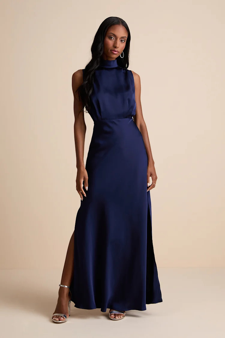 Classic Elegance Navy Satin Sleeveless Mock Neck Maxi Dress | Lulus