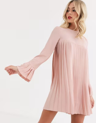 ASOS DESIGN pleated trapeze mini dress with long sleeves in pink | ASOS (Global)