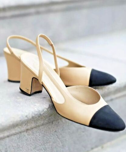 CHANEL CLASSIC Two Tone BEIGE BLACK SLINGBACK Cap Toe PUMP SHOES   | eBay | eBay US