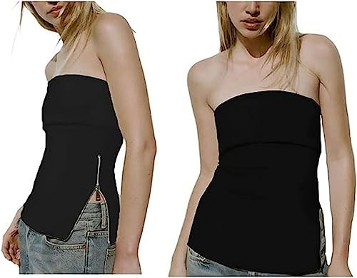 LOFAAC Women Sexy Strapless Zipper Split Side Knit Bandeau Tube Top Y2K Slim Sleeveless Backless Off Shoulder Tank Shirt(S,Black) | Amazon (US)