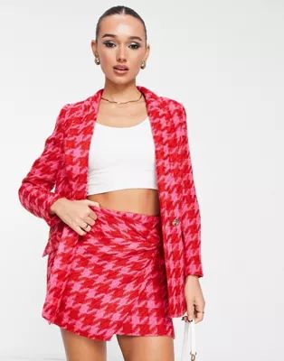 River Island houndstooth boucle blazer in bright pink - part of a set | ASOS (Global)