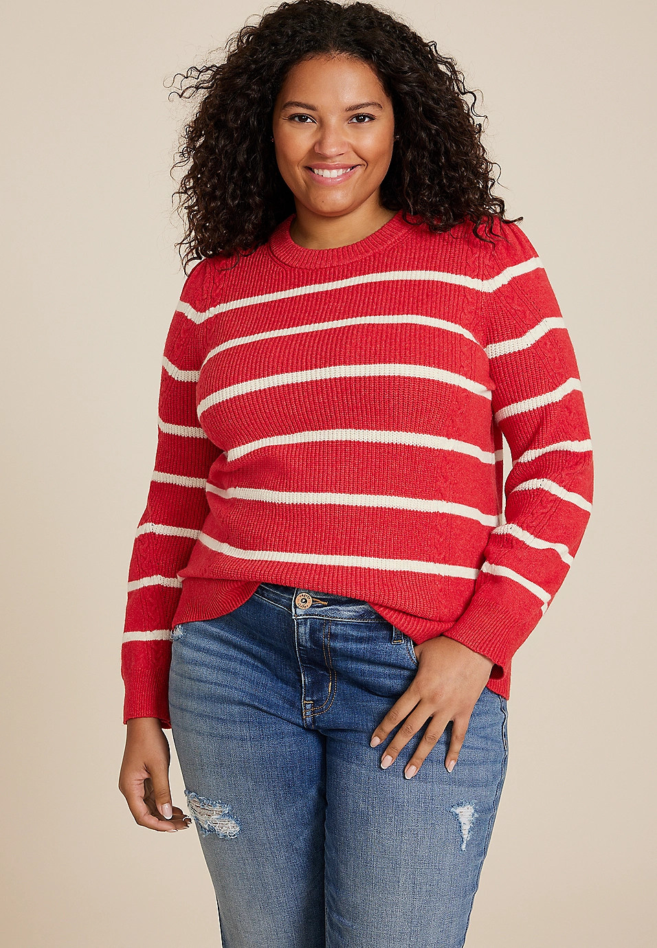 Plus Size Cabled Dells Puff Sleeve Sweater | Maurices