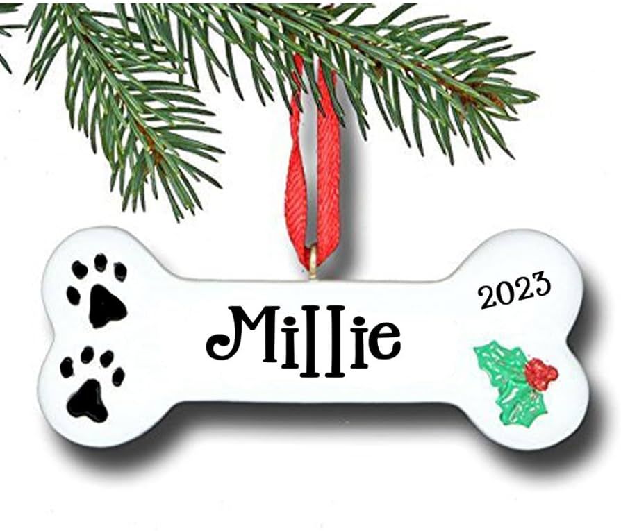 Personalized Dog Bone with Small Paw Prints and Holly Bush Detail Hanging Christmas Tree Pet Orna... | Amazon (US)