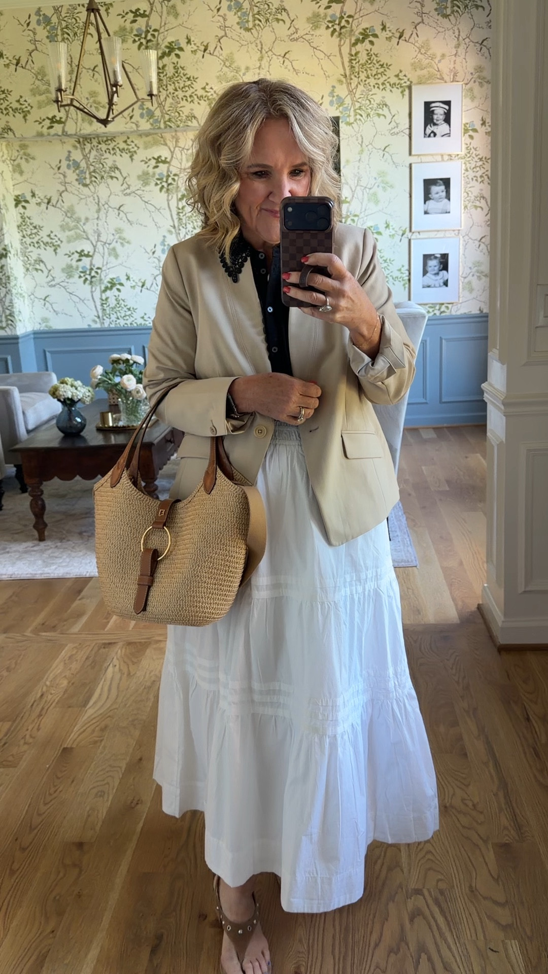 White skirt restocked! Size medium 
Blazer size 10 petite a really nice polished cotton 
Boden knit top is so lovely. 
10% off code NANETTE on my bag 
Sandals are comfortable and hoping they’ll work for our fun day ahead! 

#LTKOver40 #LTKSeasonal #LTKootd