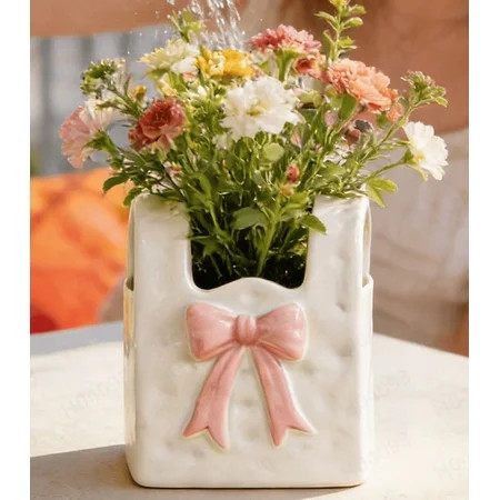 Ceramic Purse Vase with Pink Bow - 5.5" Handbag Shaped Flower Pot for Spring & Easter Decor, Novelty Floral Container for Living Room Vanity, Unique Gift for Women & Home Esthetics | Walmart (US)