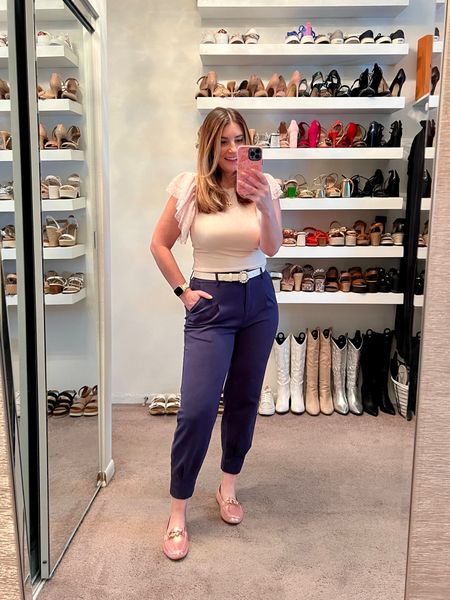 Casual workwear outfit, spring outfit, tulle sleeved top, puffy sleeves, dress pants, joggers, elastic waistband, pink loafers, casual outfit 

#LTKShoeCrush #LTKSaleAlert #LTKWorkwear
