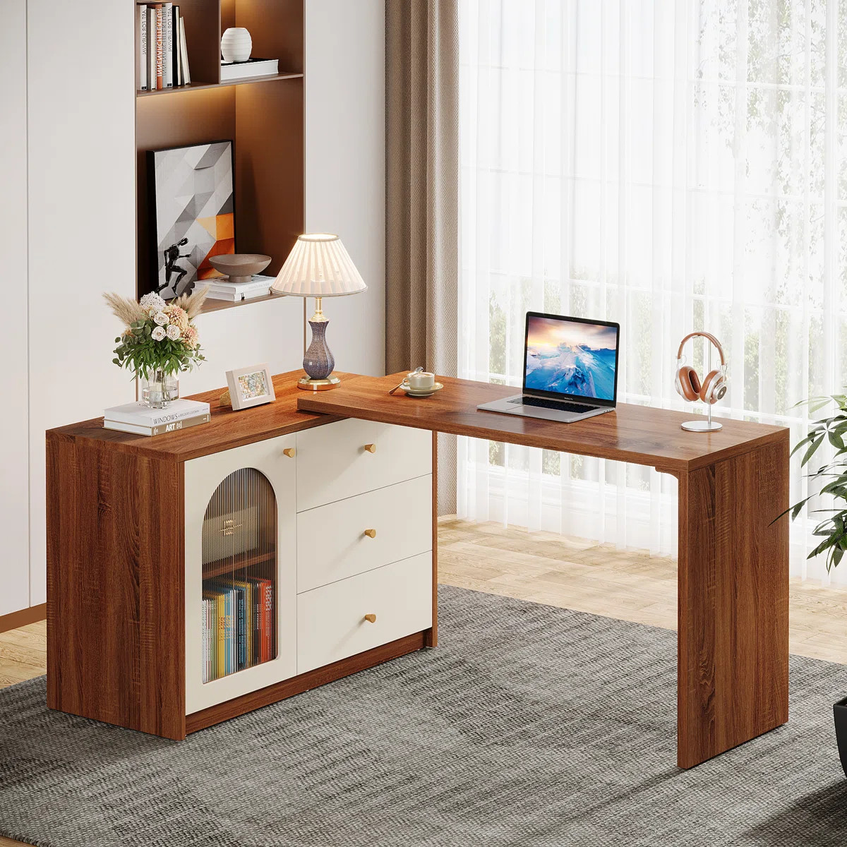 L-Shaped Computer Desk, Metal Base Office Desk With Cabinet | Wayfair North America