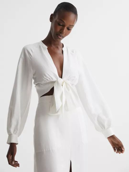 Reiss Axelle Front Tie Blouse, White | John Lewis (UK)