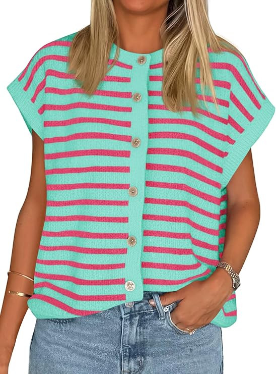 Cicy Bell Womens Striped Cap Sleeve Sweater Vest Crew Neck Button Down Cardigan Cute Knit Tops | Amazon (US)