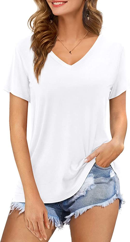 Amoretu Womens Tshirts V Neck Short/Long Sleeve Tops Tee Solid Color Blouse | Amazon (US)