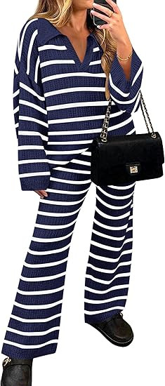ZESICA Women's 2 Piece Sets Fall Casual Striped Long Sleeve V Neck Knit Sweater Tops and Wide Leg... | Amazon (US)