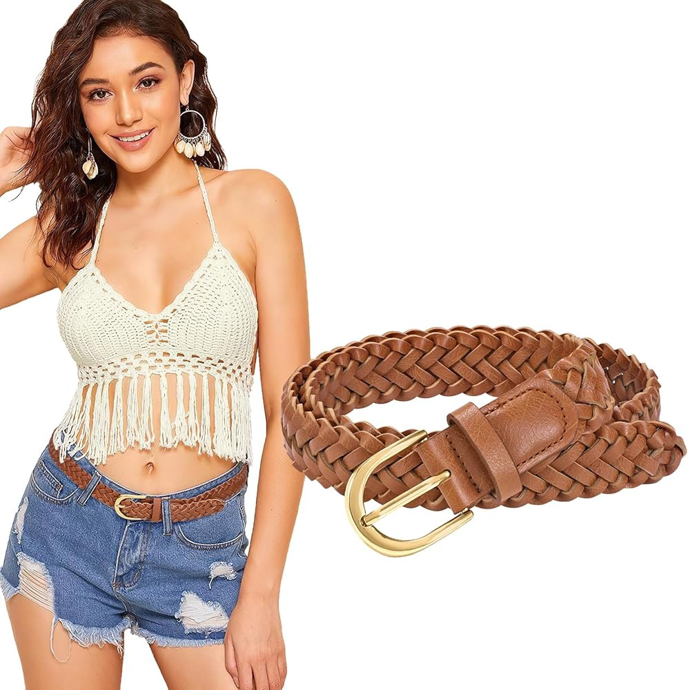 WHIPPY Women Braided Belt Skinny Casual Soft Faux Leather Woven Belt for Jeans Pants | Amazon (US)
