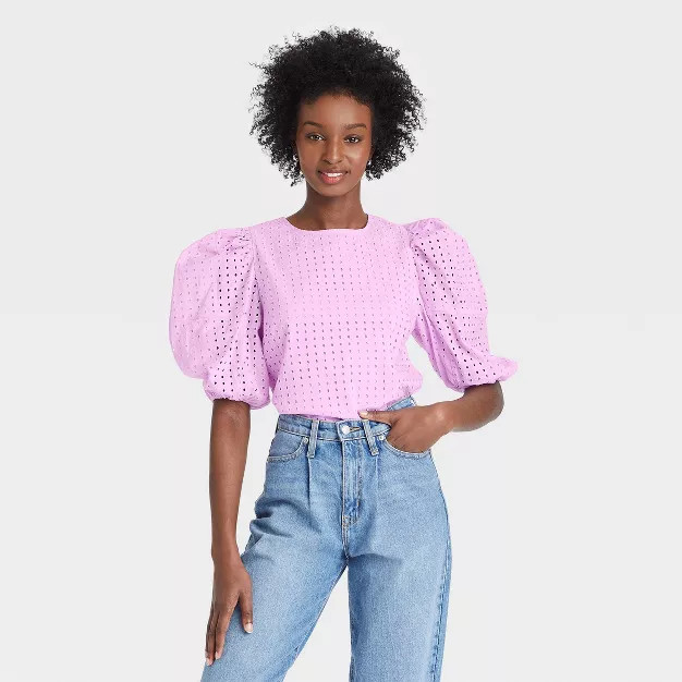 Women's Short Puff Sleeve Eyelet Top - A New Day™ Light Purple XXL | Target