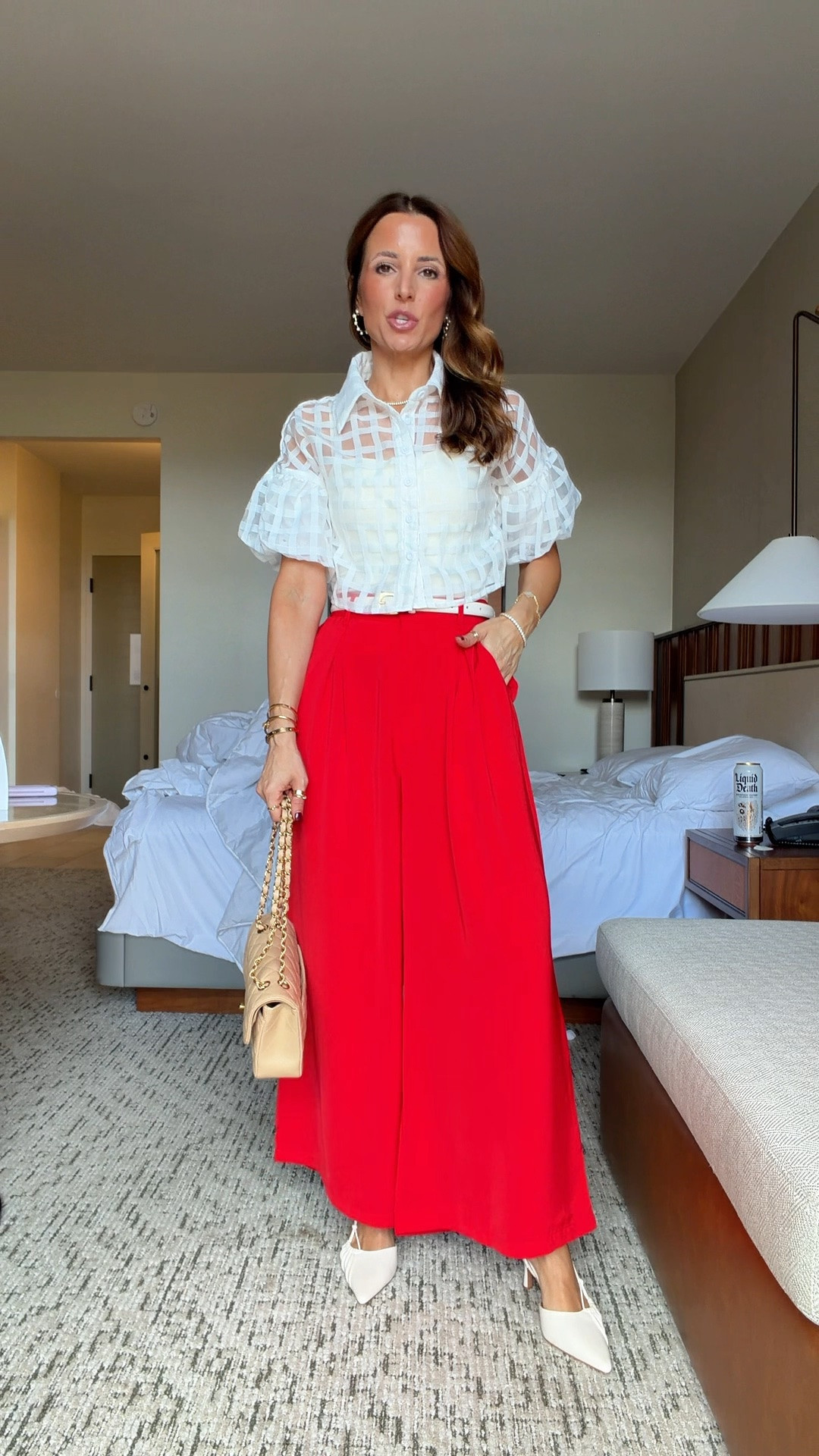 My Amazon workwear outfit. Business conference outfit. Work outfit. Business casual. Red palazzo work pants in XS short. Sheer top and tank and XS. Cream slingback heels are TTS.

#LTKootd #LTKPetite #LTKWorkwear