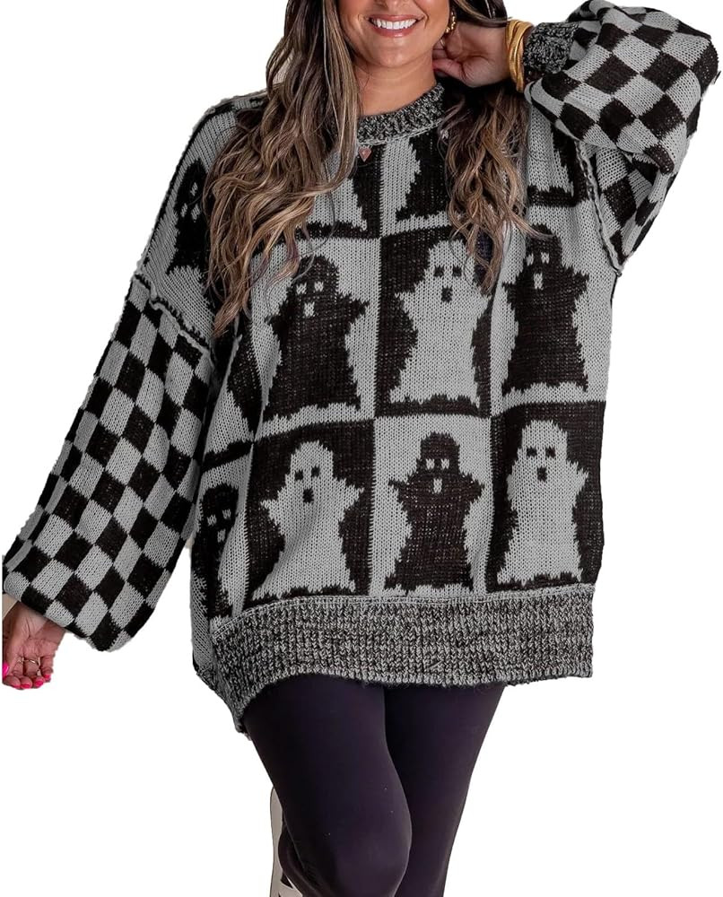 Halloween Checkered Sweater,2024 Halloween Ghost Checkered Sweater,Oversized Crew Neck Knit Sweat... | Amazon (US)