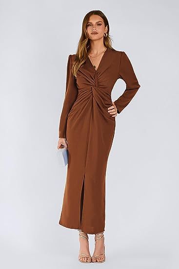 PRETTYGARDEN Women's Fall Fashion 2023 Long Puff Sleeve Maxi Dresses V Neck Twist Front Formal Dr... | Amazon (US)