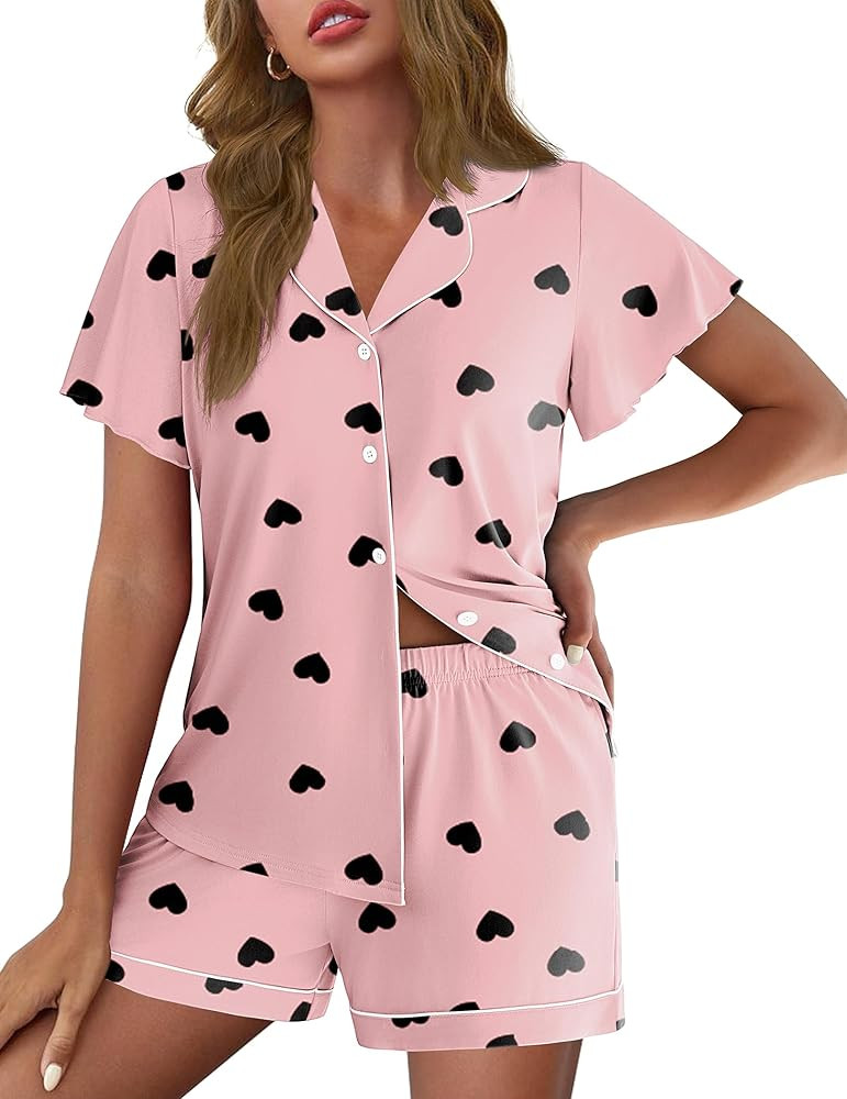 Ekouaer Pajamas for Women Set Button Up Pjs Short Sleeve Ruffle Sleepwear Notch Collar Bride Soft... | Amazon (US)