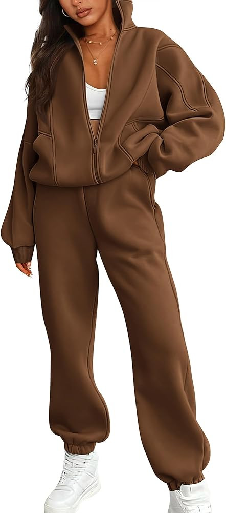 BTFBM Womens Sweatsuits 2 Piece Set 2024 Fleece Long Sleeve Zip Up Sweatshirt Sweatpants Winter F... | Amazon (US)