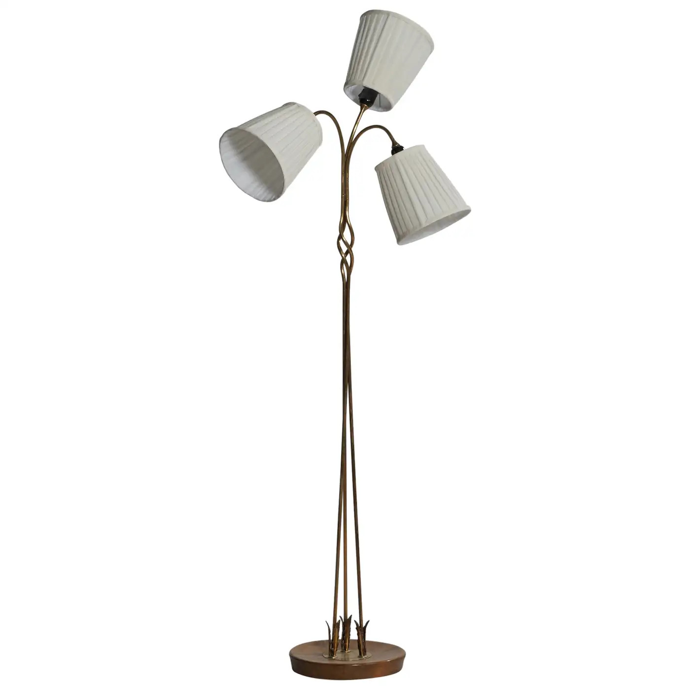 Finnish Designer, Floor Lamp, Brass, Birch, Fabric, Finland, 1950s | 1stDibs