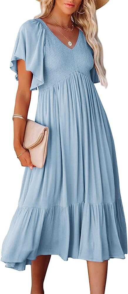 Zwurew Women's Summer V Neck Smocked Midi Dress Casual Flutter Short Sleeve Ruffle Tiered A Line ... | Amazon (US)