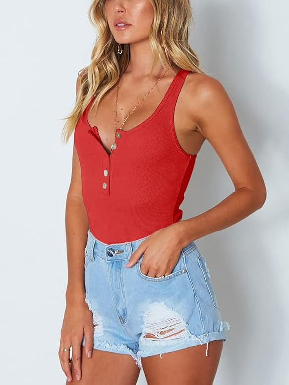REORIA Women's Sexy Scoop Neck Racerback Tank Top Button Down Bodysuits | Amazon (US)