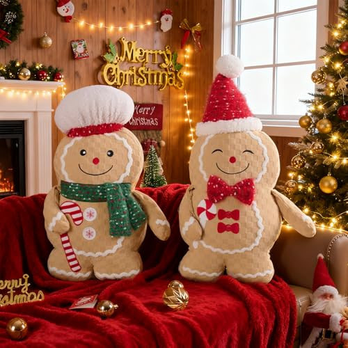 Lanpn Christmas Gingerbread Man Boy Girl Pillows Set of 2, Christmas Decoration Winter Soft Fleece Cute Ginger Bread Throw Cushion for Sofa Bedroom Xmas Decor (20.5x13.5 inch & 24x13.5 inch) | Amazon (US)