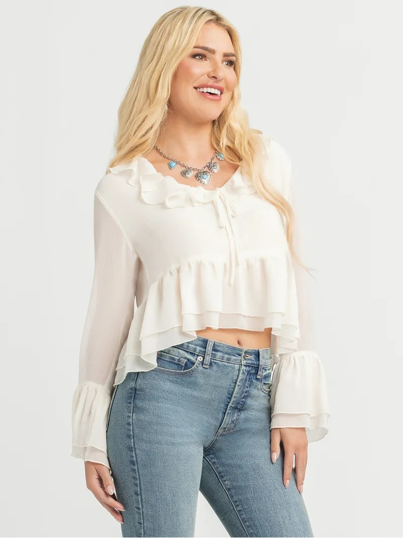 Jessica Simpson Women's Stayce Cropped Ruffle Top with Long Sleeves, Sizes XS-XL | Walmart (US)